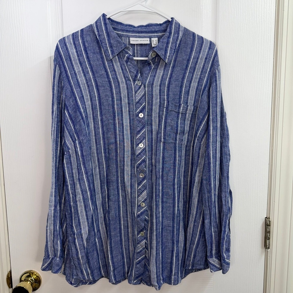 Susan Graver blue striped linen blend button down collared pocket shirt large